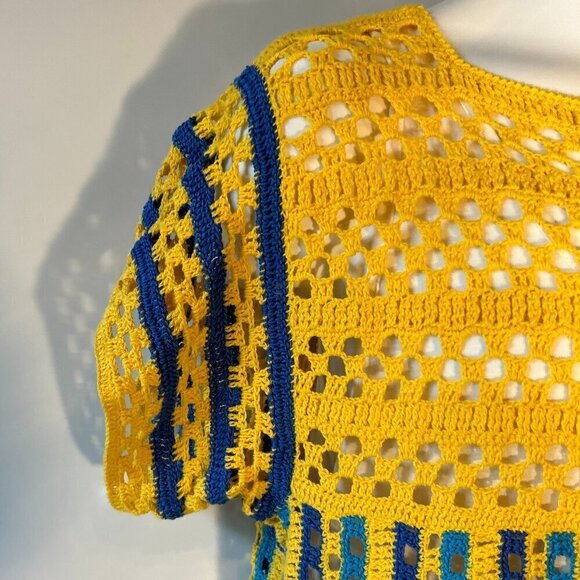 Yellow & Blues SZ S crochet open weave top boho handknit unique mod retro - Picture 3 of 5
